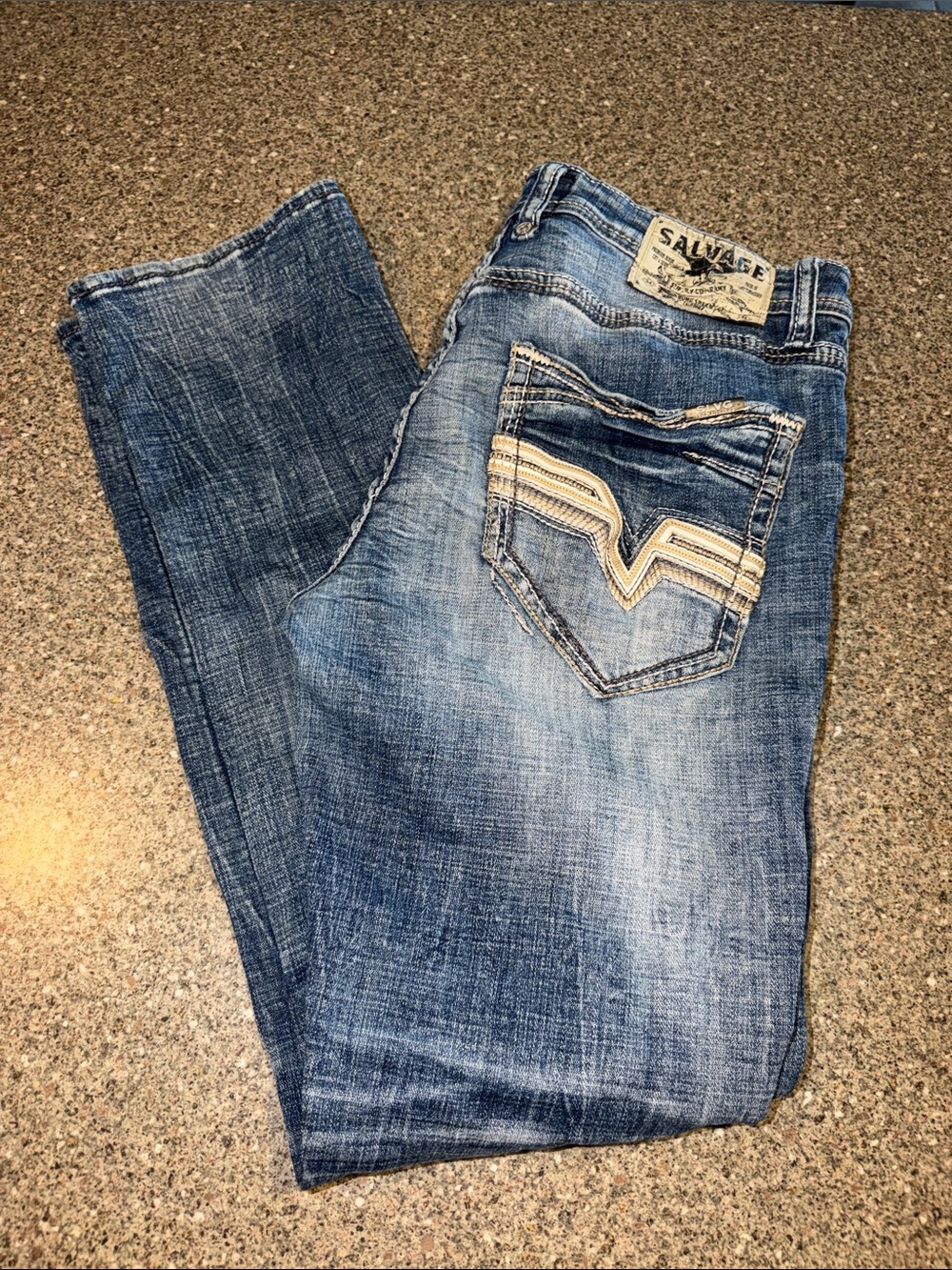 Salvage Light Blue Slim Straight Jeans with Contrast Pocket Stitch